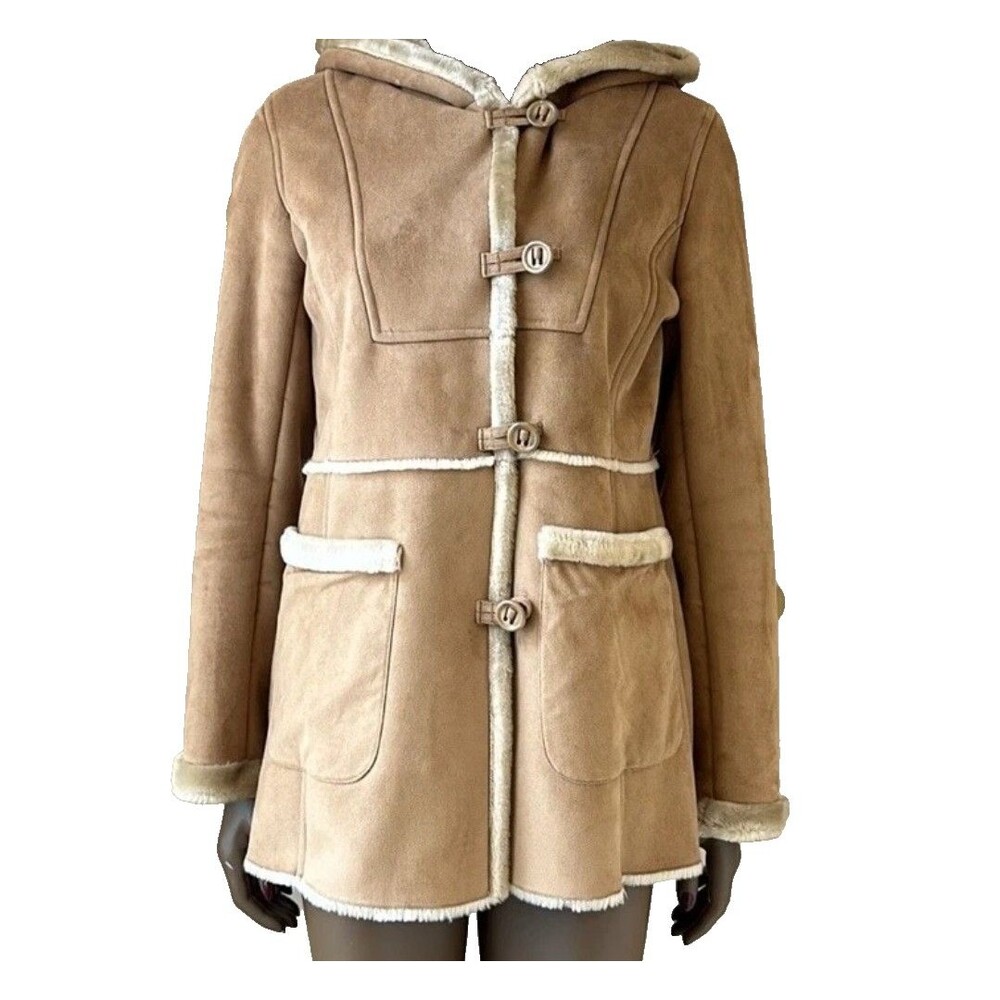 Jones New York Womens Brown Hooded Lined Penny Lane Coat Faux Fur Trim Sz Large